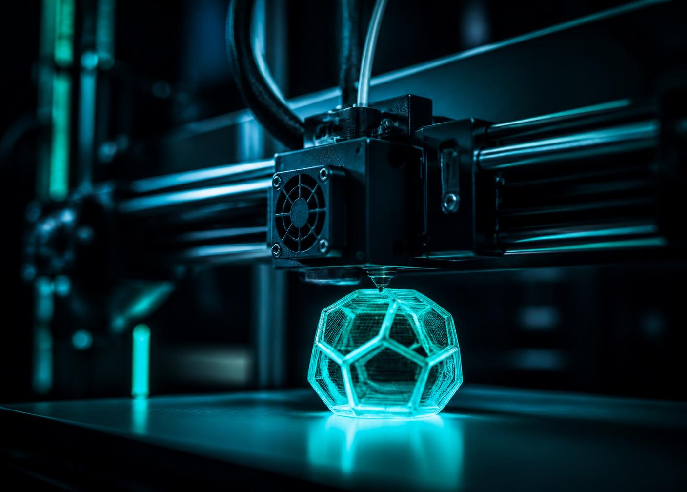 Impressora 3D finalizando uma peça geométrica iluminada